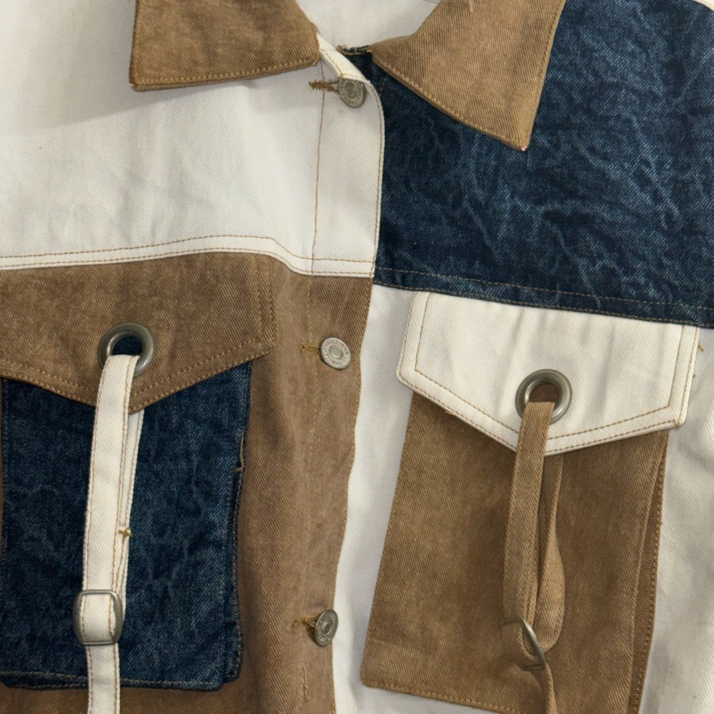 Thrill Jeans Cropped Patchwork Denim Jacket Color Block Strap Pocket Y2K Size L - Picture 3 of 8